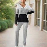 Women's Contracted Design Color-Block Hooded Sweatsuit Set - Long Sleeve Zip-Up Hoodie With Wide-Leg Lounge Pants - kinko